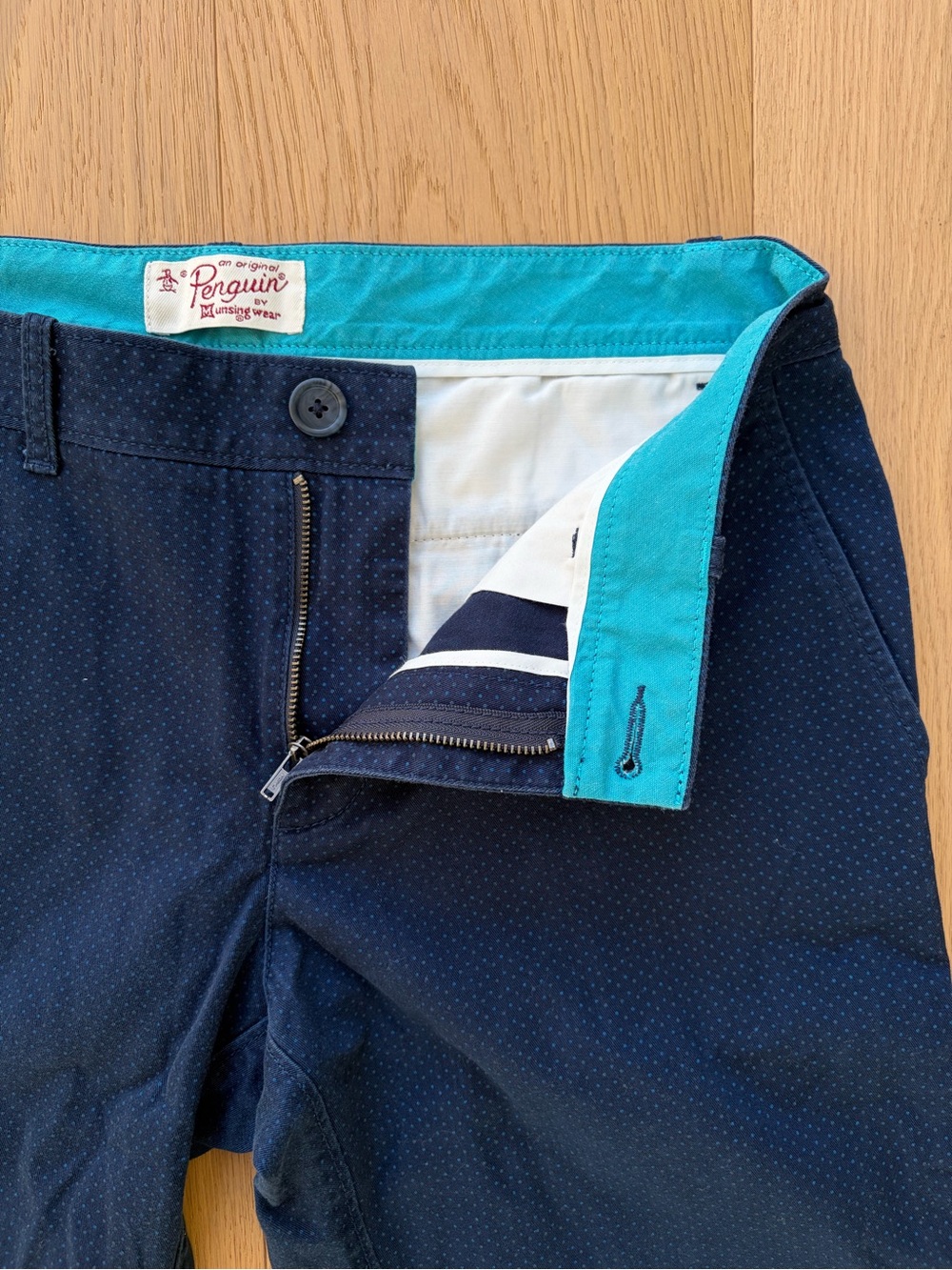 Original Penguin Navy Microdot Cotton Chinos with Turquoise Waistband